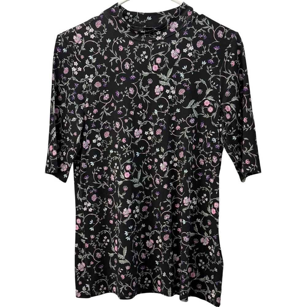 Ted Baker London WMB SURA Black Floral Mock Neck Elbow Sleeve Top Size 2 US 6